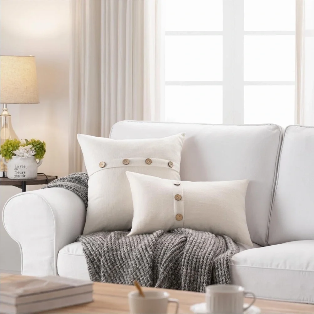 Farmhouse Mid Century Modern Bohemian Decorative Ivory Linen Pillow Case Cover